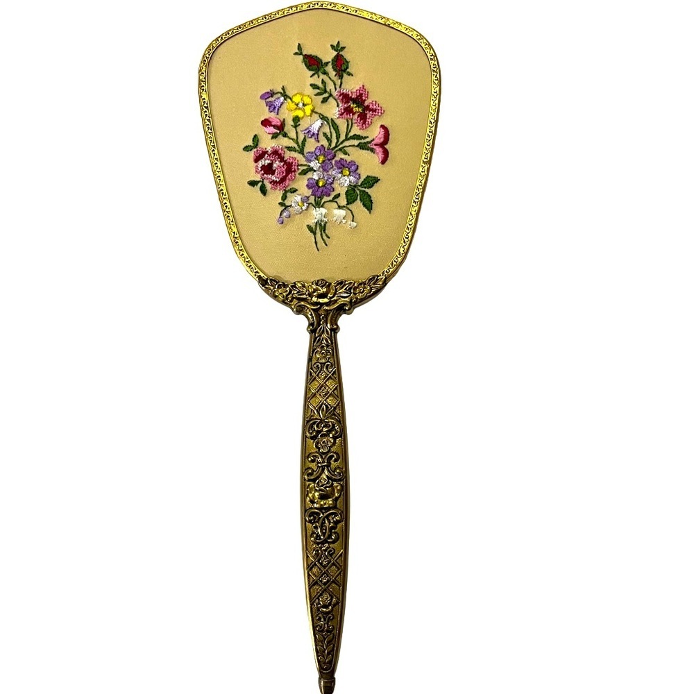 Vintage Art Deco Floral Embroidered Vanity Brush with Ornate Gold tone Handle